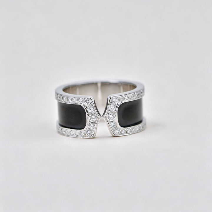 Preloved Authentic Cartier C de Cartier Diamond Enamel Ring 18K white gold Size 55