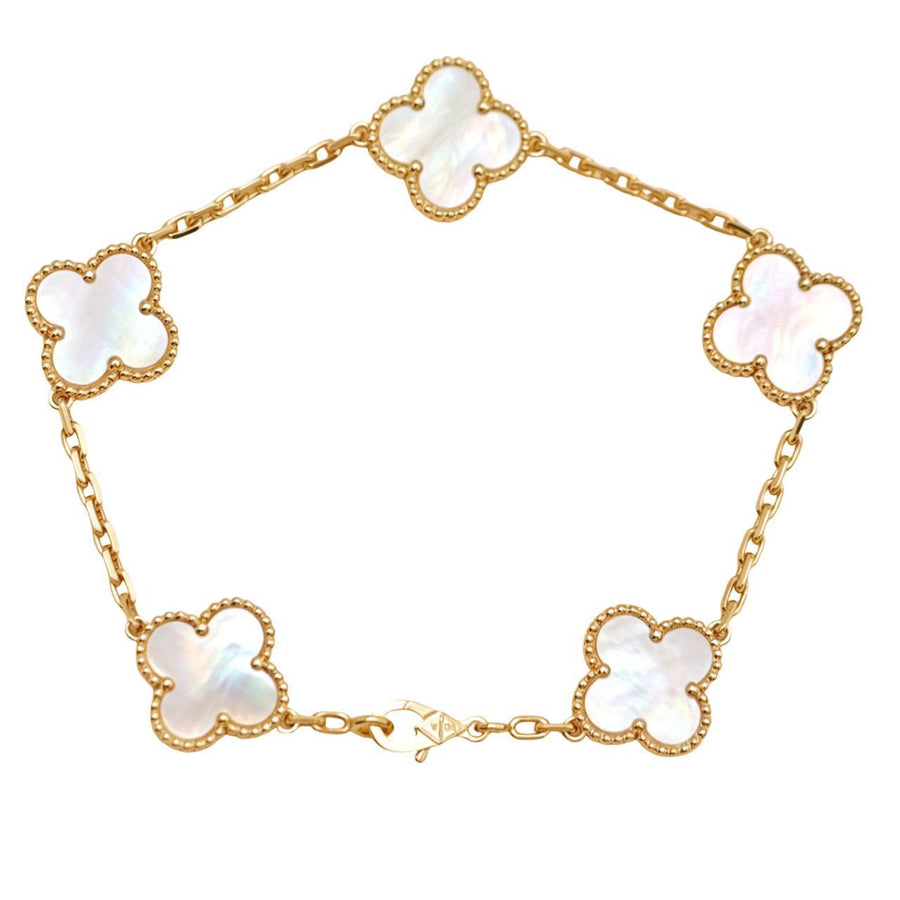 Preloved Authentic Van Cleef & Arpels Vintage Alhambra 5 Motif Mother of Pearl Bracelet 18K Yellow Gold