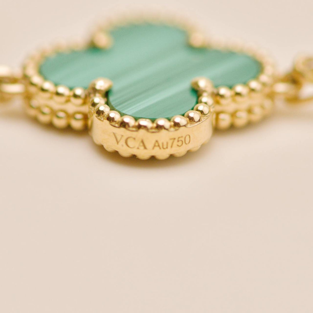Preloved Authentic Van Cleef Vintage Alhambra 5 Motif Malachite Bracelet 18K Yellow Gold