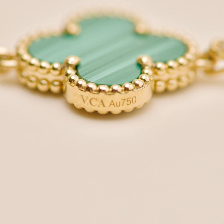 Preloved Authentic Van Cleef Vintage Alhambra 5 Motif Malachite Bracelet 18K Yellow Gold