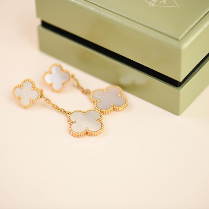 Preowned VCA Magic Alhambra Two Motifs Mother of Pearl Yellow Gold Earrings