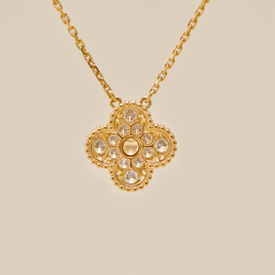 Authentic Preowned Van Cleef Vintage Alhambra Necklace Pavé Diamond 18K Yellow Gold