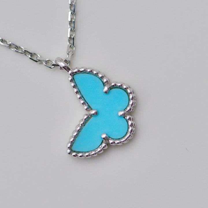 Authentic Van Cleef Sweet Alhambra Turquoise Butterfly Necklace 18K White Gold