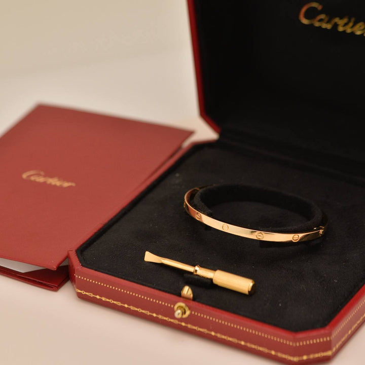 Preowned Authentic Full set Cartier Love Bracelet Small Model Size 17 in 18K Yellow Gold