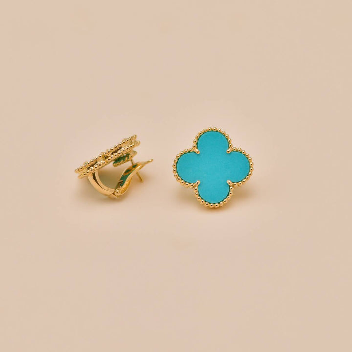 Used Authentic Van Cleef Magic Alhambra Turquoise Earrings 18K Yellow Gold