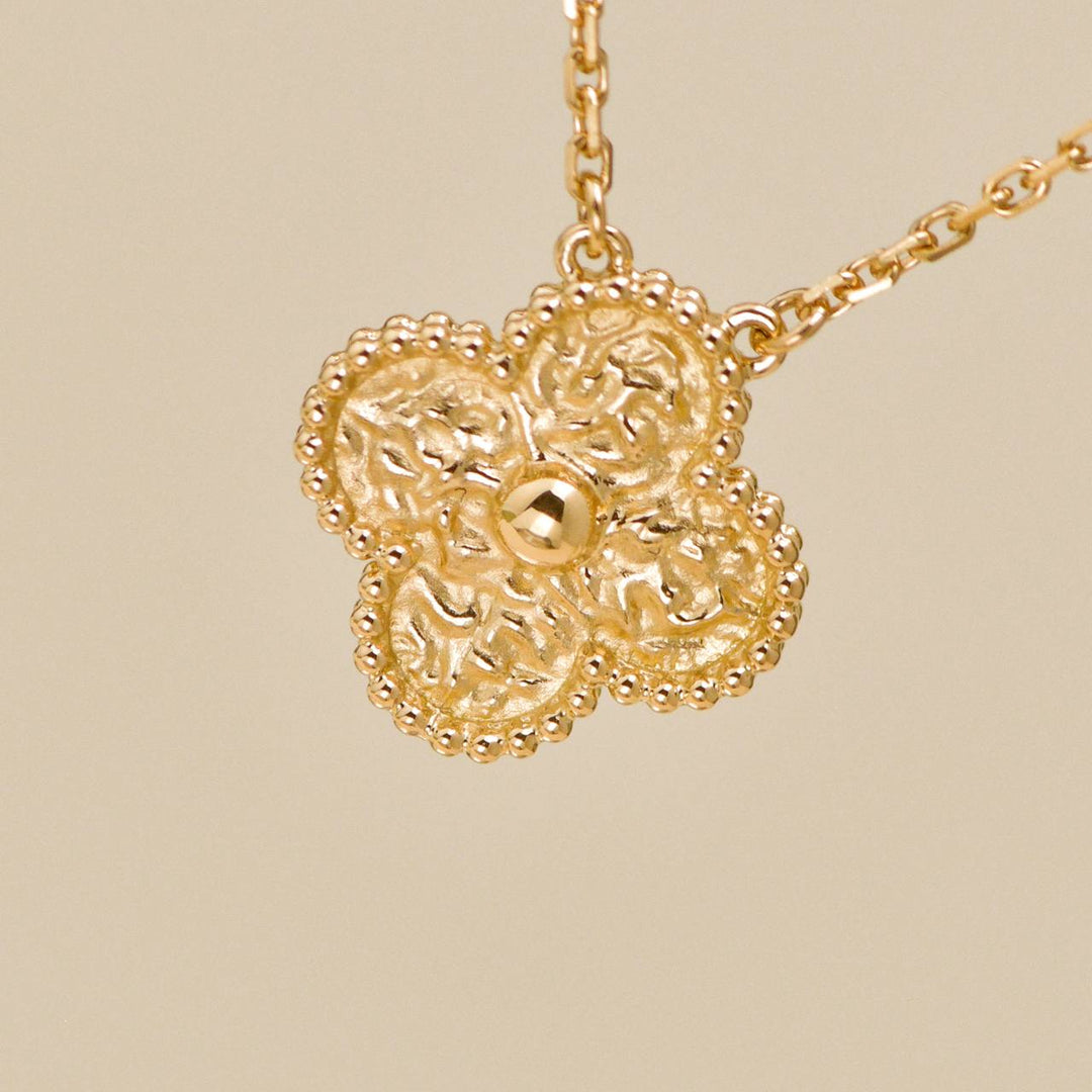 Authentic Van Cleef Vintage Alhambra Hammered 18K Yellow Gold Necklace