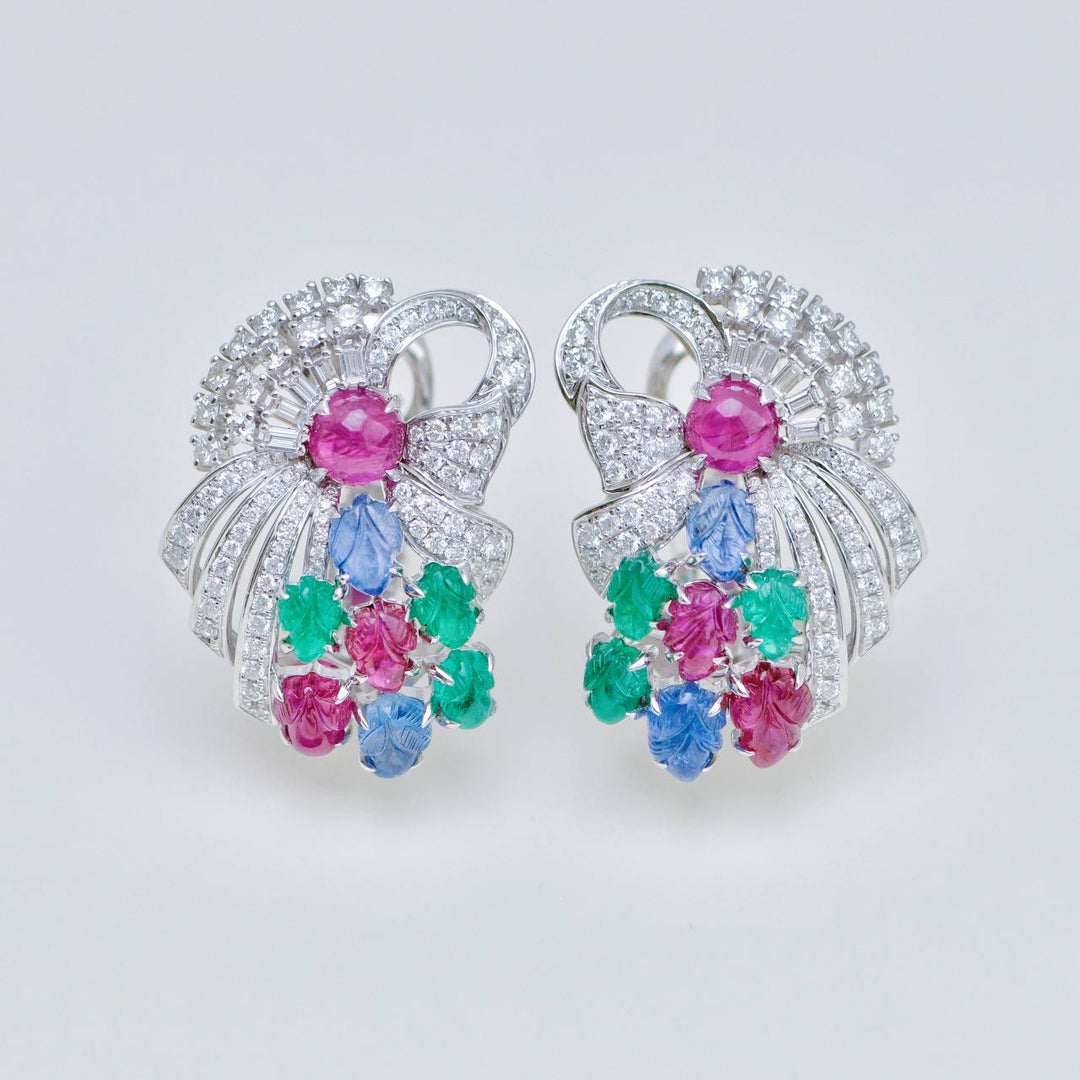 Tutti Frutti Ruby, Emerald & Sapphire Carved Gemstone Diamond Clip Earrings in White Gold