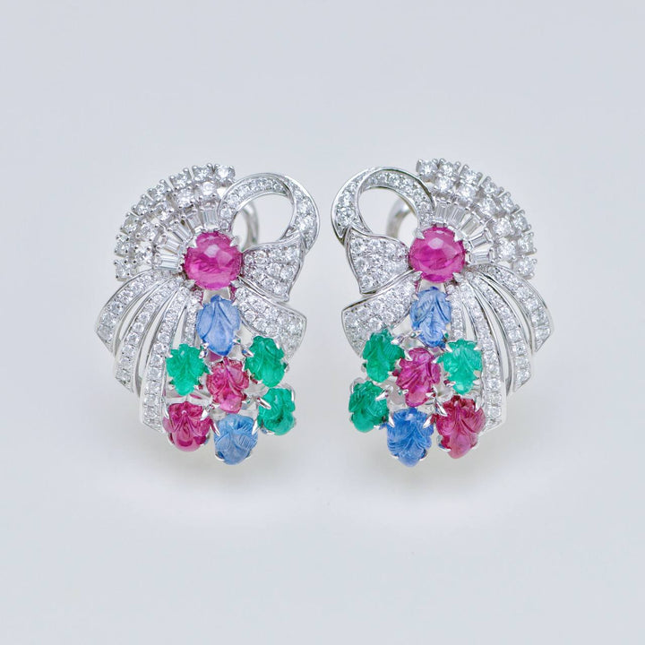 Tutti Frutti Ruby, Emerald & Sapphire Carved Gemstone Diamond Clip Earrings in White Gold