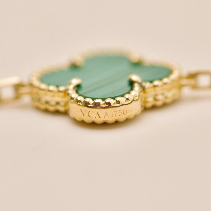Preowned Authentic Van Cleef Vintage Alhambra 5 Motif Malachite Bracelet 18K Yellow Gold
