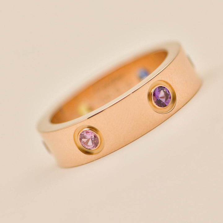 Cartier Love Rainbow Multi Gem 18K Rose Gold Ring Size 55