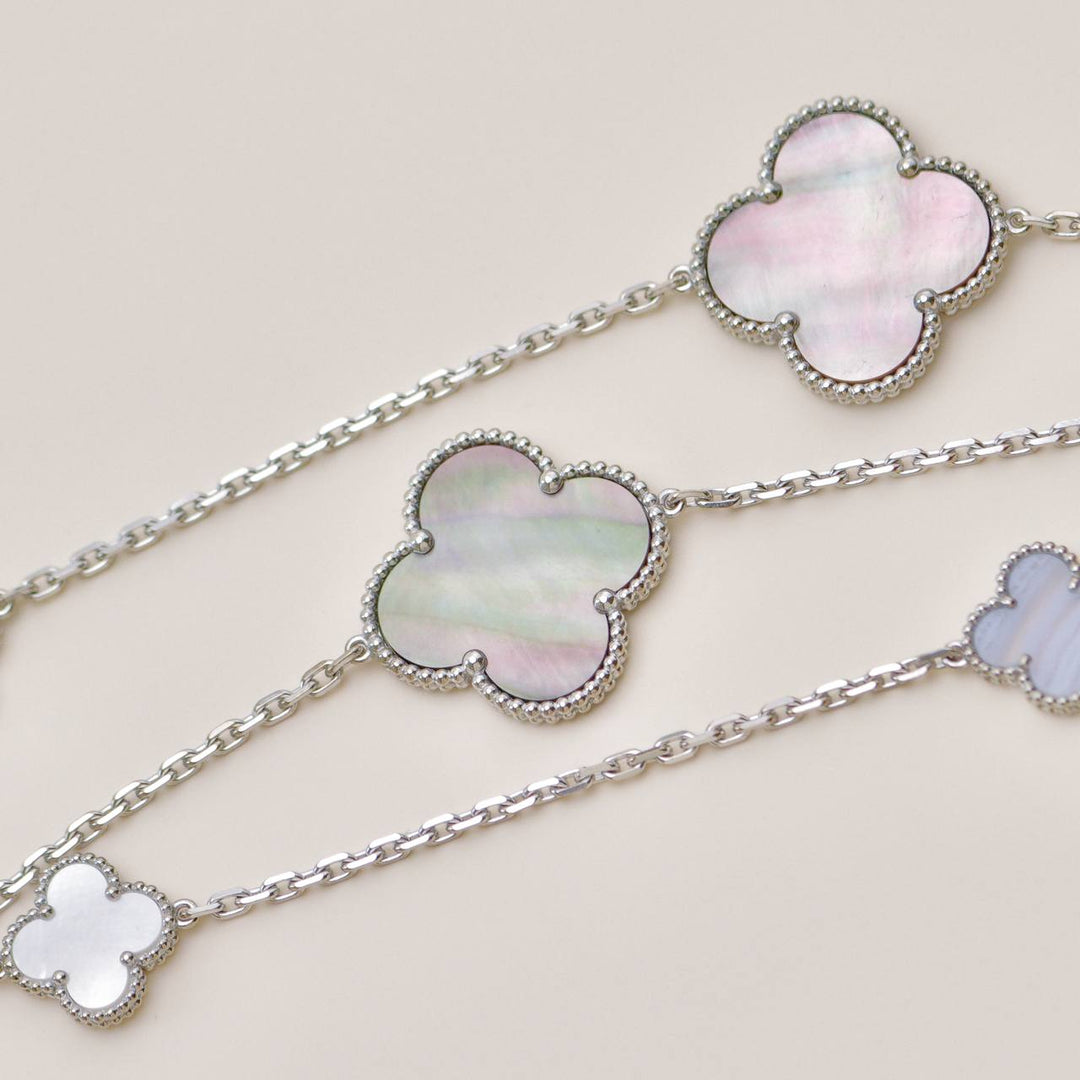 Second Hand Authentic Full set Van Cleef Magic Alhambra 16 Motif Necklace in Chalcedony and Mother of Pearl