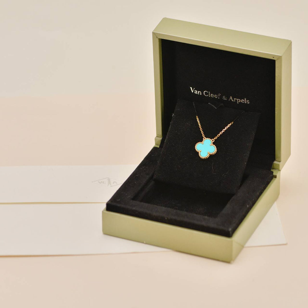 Preloved Van Cleef & Arpels Vintage Alhambra Turquoise 18K Yellow Gold Pendant Necklace