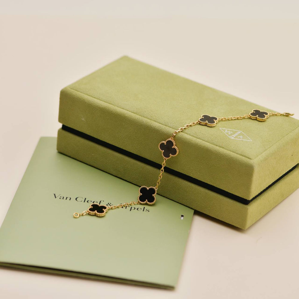 Preloved Authentic Van Cleef & Arpels Vintage Alhambra Onyx 5 Motif Bracelet 18K Yellow Gold