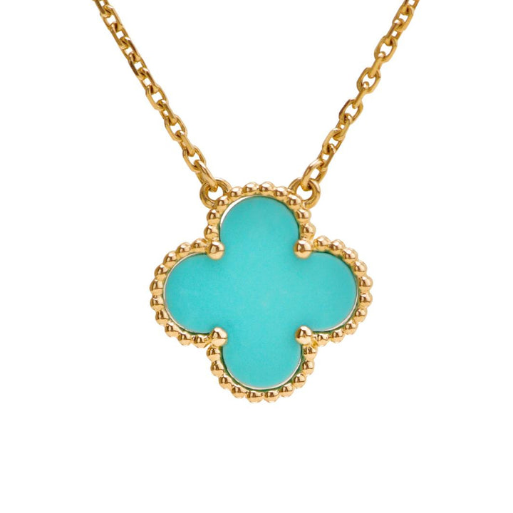 Authentic Preowned Full set Van Cleef Turquoise 18K Yellow Gold Vintage Alhambra Pendant Necklace
