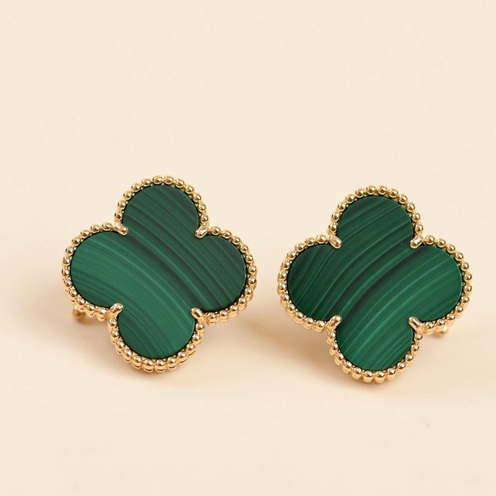 Preloved Authentic Van Cleef Magic Alhambra Malachite Earrings 18K Yellow Gold