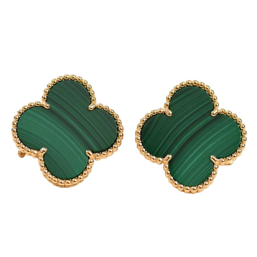 Preowned Authentic Full set Van Cleef Magic Alhambra Malachite Earrings 18K Yellow Gold