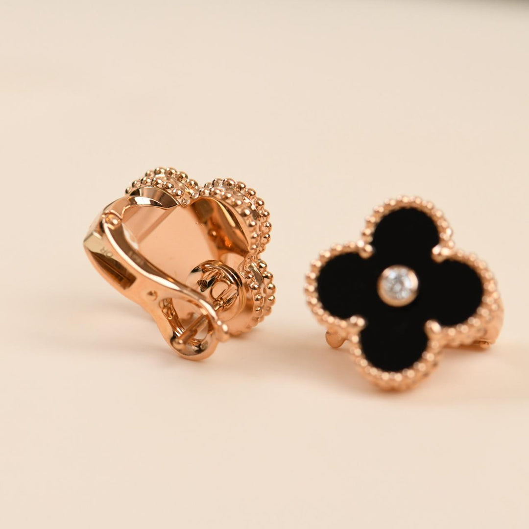Preowned Van Cleef & Arpels Vintage Alhambra Limited Edition Onyx Diamond Gold Earrings