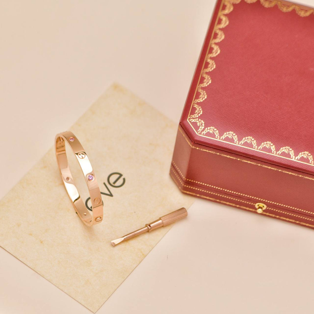 Preloved Authentic Full set Cartier Love 4 Pink Sapphire Bracelet 18K Rose Gold