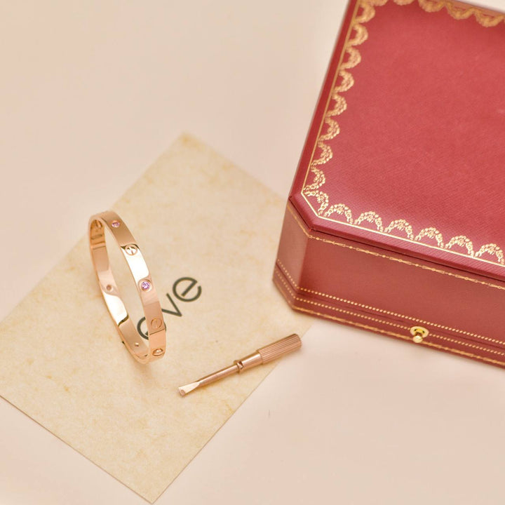 Preloved Authentic Full set Cartier Love 4 Pink Sapphire Bracelet 18K Rose Gold