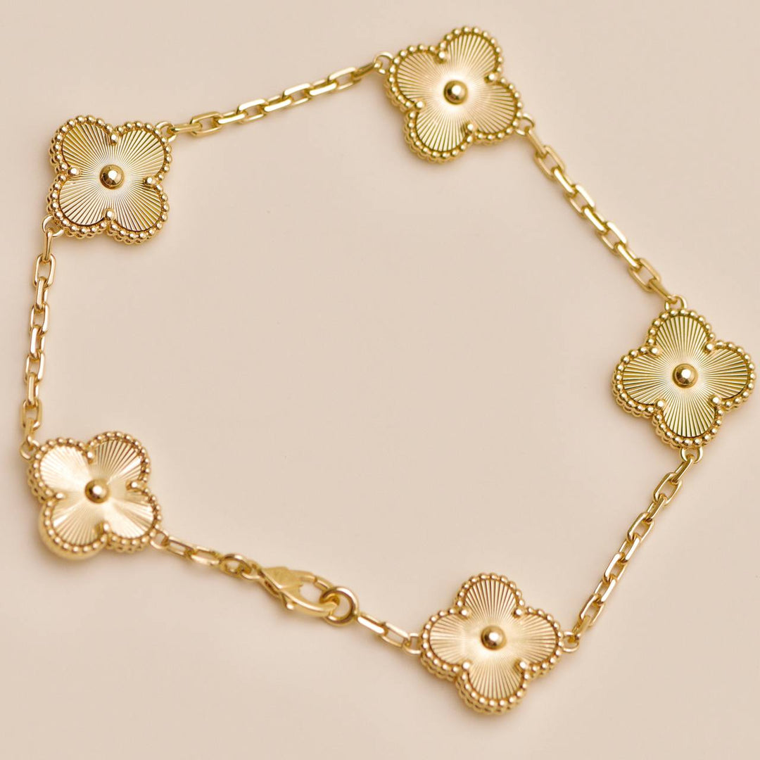 Preloved Authentic Van Cleef Vintage Alhambra Bracelet Guilloché 5 Motifs 18K Yellow Gold