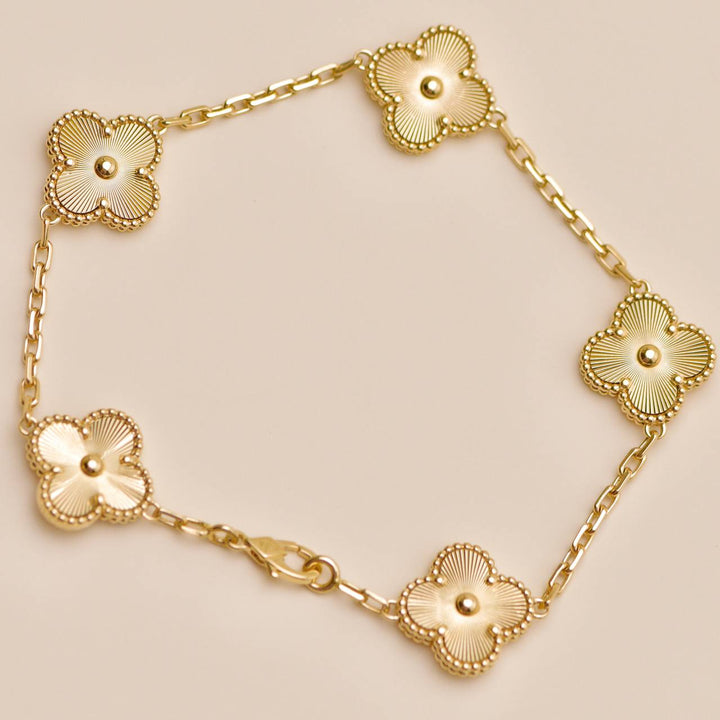 Preloved Authentic Van Cleef Vintage Alhambra Bracelet Guilloché 5 Motifs 18K Yellow Gold