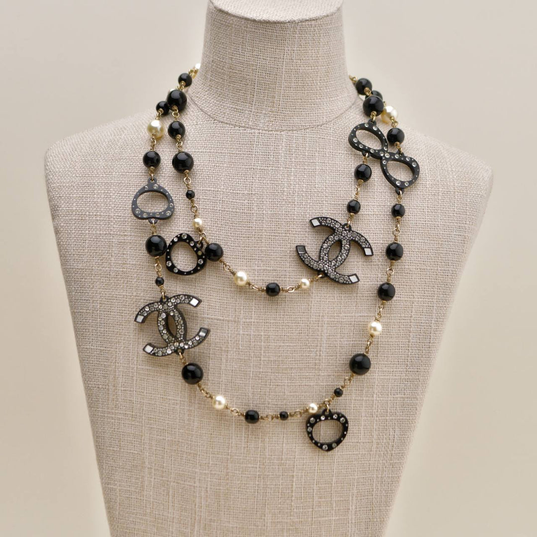 Preloved Chanel CC Faux Pearl & Crystal Black Bead Sautoir Necklace