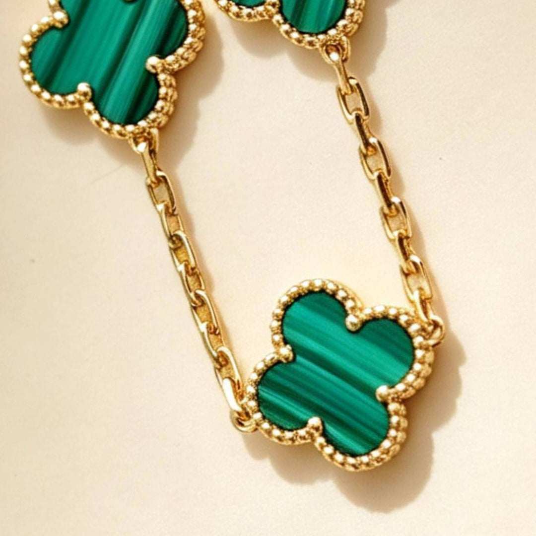 Preowned Authentic Van Cleef Vintage Alhambra 5 Motif Malachite Bracelet 18K Yellow Gold