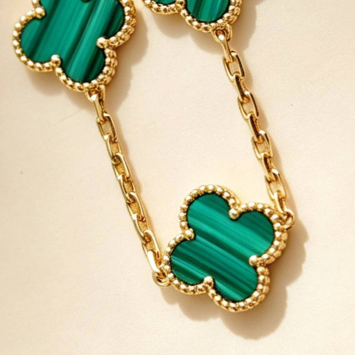 Preowned Authentic Van Cleef Vintage Alhambra 5 Motif Malachite Bracelet 18K Yellow Gold