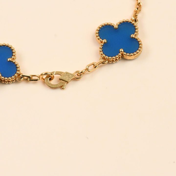 Used Van Cleef Vintage Alhambra Blue Agate 18K Yellow Gold Bracelet