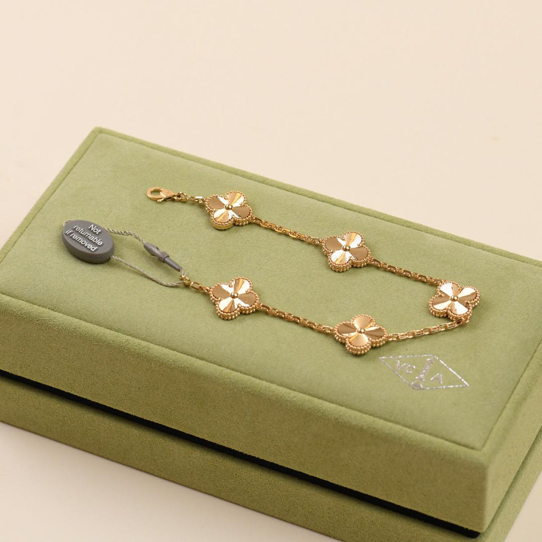 Van Cleef & Arpels Vintage Alhambra Guilloché 5 Motifs Bracelet 18K Yellow Gold