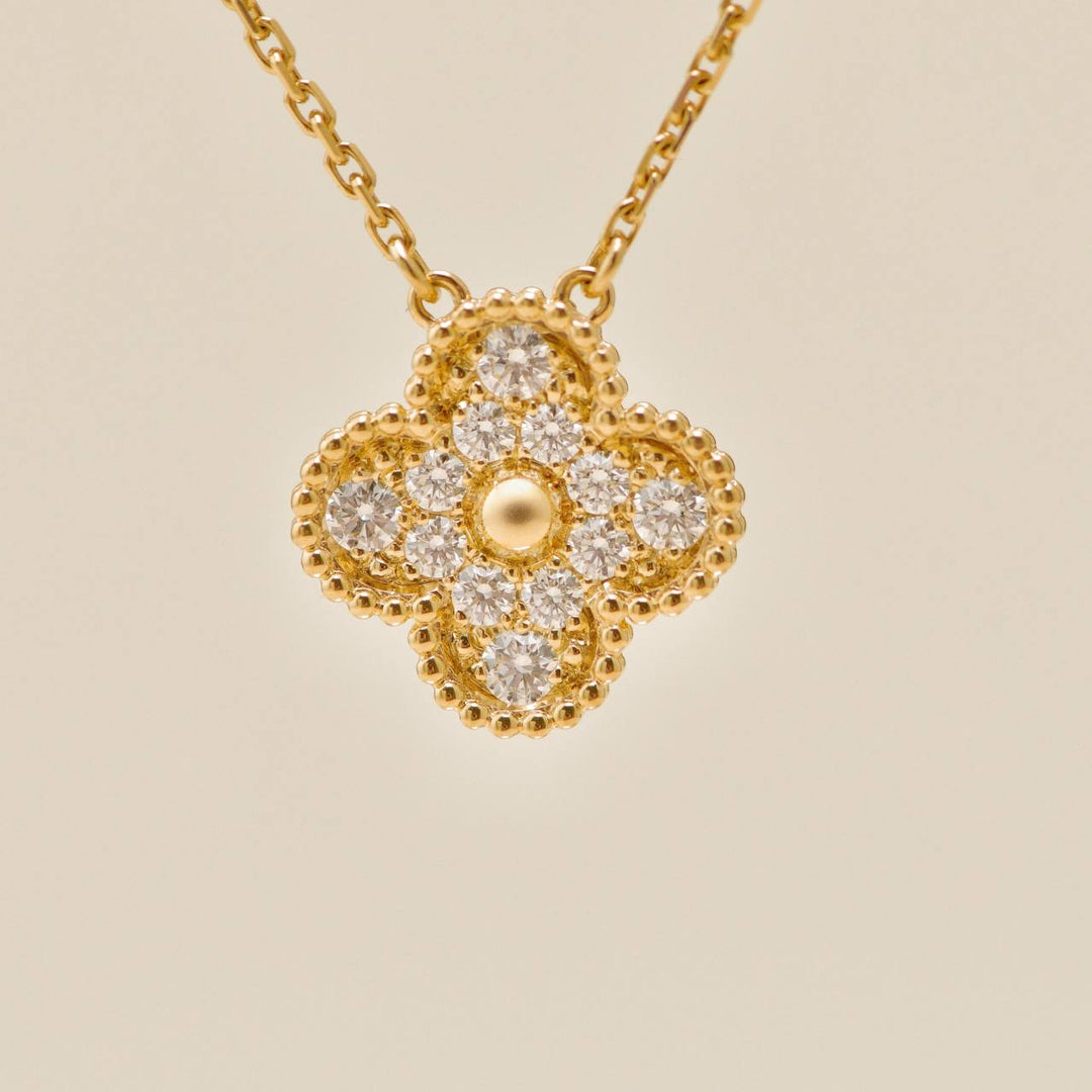 Authentic Second Hand Van Cleef Vintage Alhambra Necklace Pavé Diamond 18K Yellow Gold
