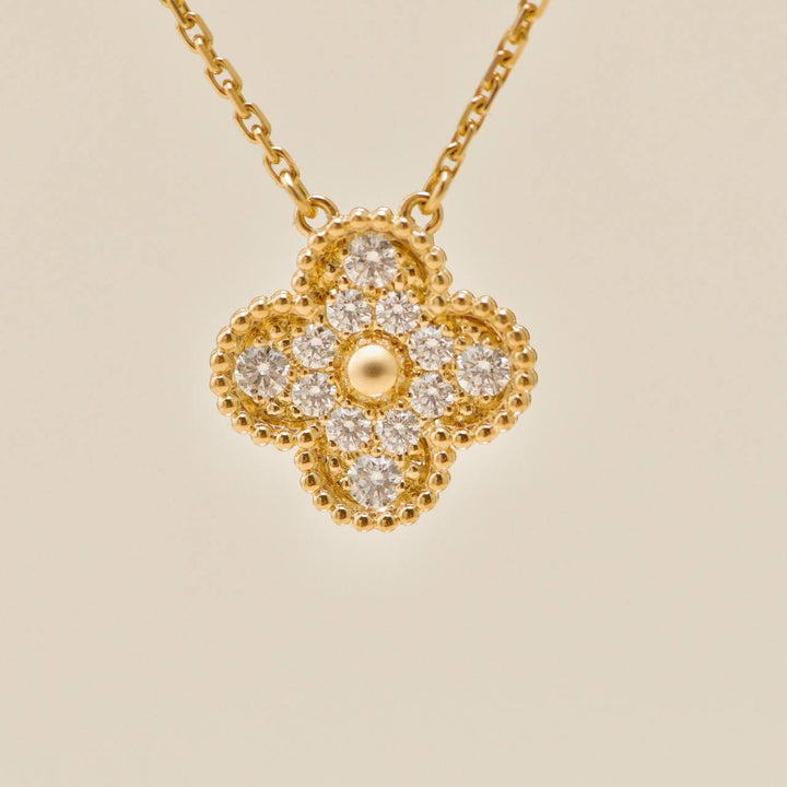 Authentic Second Hand Van Cleef Vintage Alhambra Necklace Pavé Diamond 18K Yellow Gold