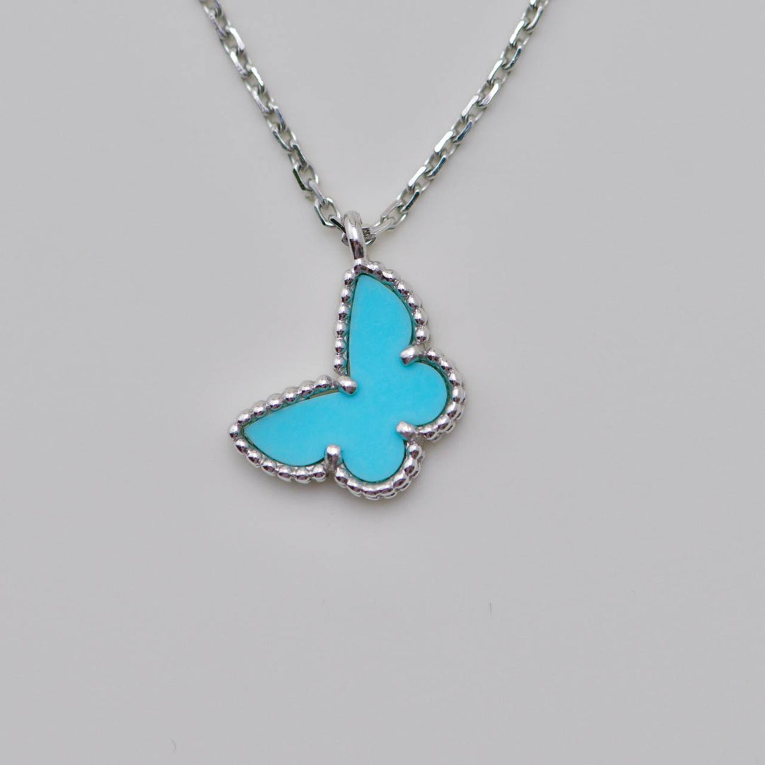 Authentic VCA Sweet Alhambra Turquoise Butterfly Necklace 18K White Gold
