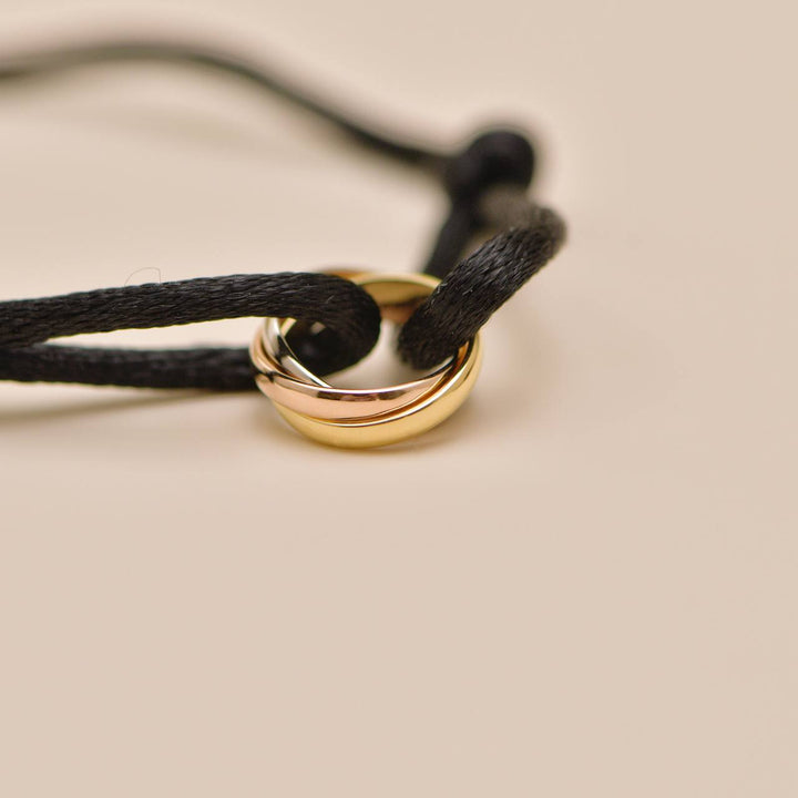 Authentic Cartier Trinity 18K White, Rose and Yellow Gold Black Cord Bracelet