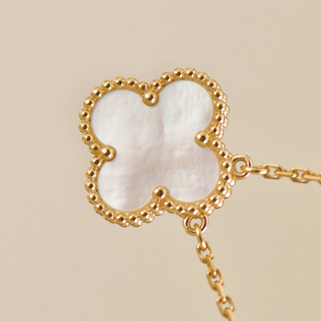 Authentic Used Full set Van Cleef Vintage Alhambra Mother of pearl Necklace 18K Yellow Gold