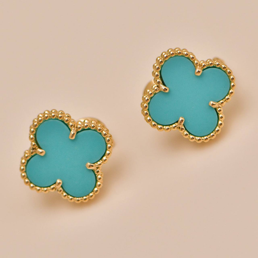 Authentic Used Van Cleef Vintage Alhambra Turquoise Earrings 18K Yellow Gold