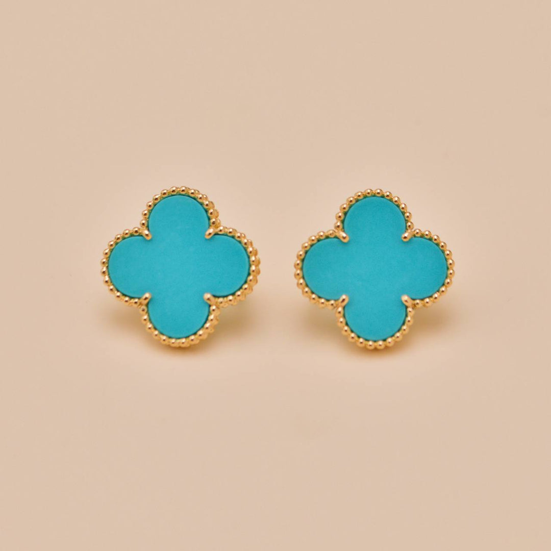 Preowned Authentic VCA Magic Alhambra Turquoise Earrings 18K Yellow Gold