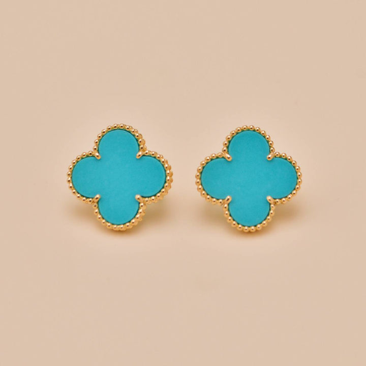 Preowned Authentic VCA Magic Alhambra Turquoise Earrings 18K Yellow Gold