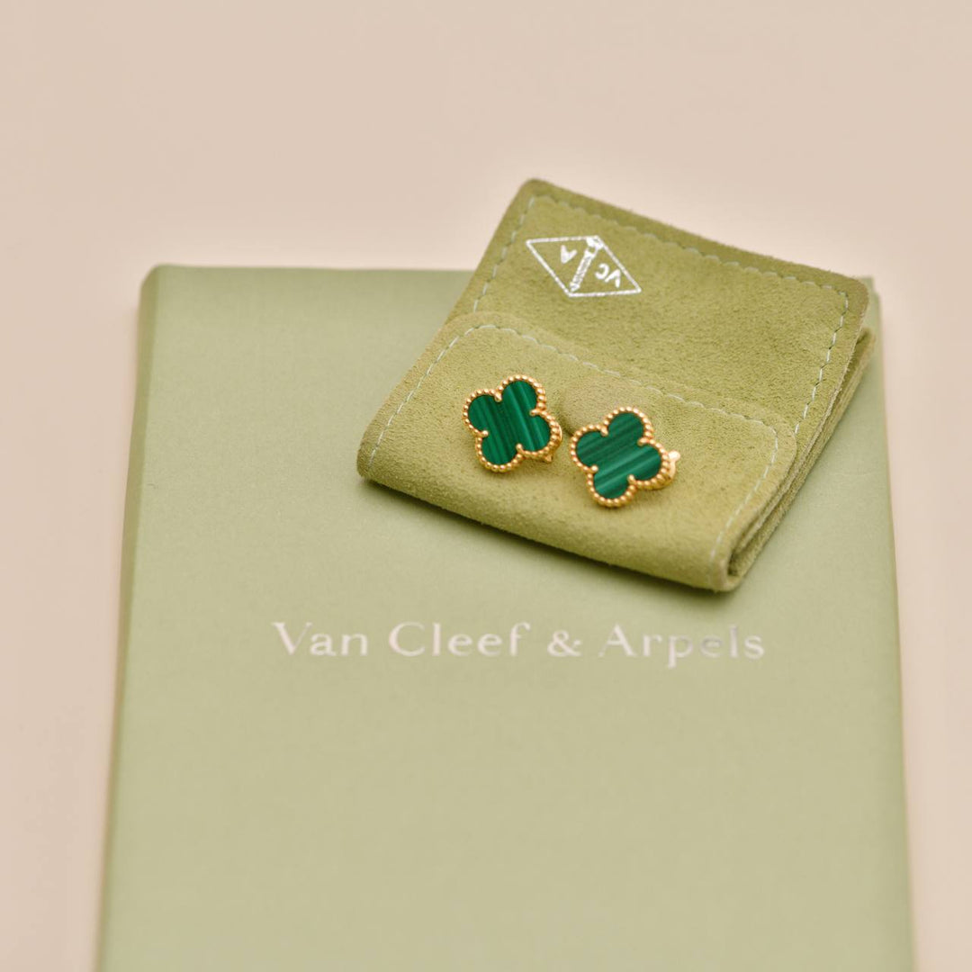 Full set Authentic Preowned Van Cleef & Arpels Vintage Alhambra Malachite Earrings 18K Yellow Gold