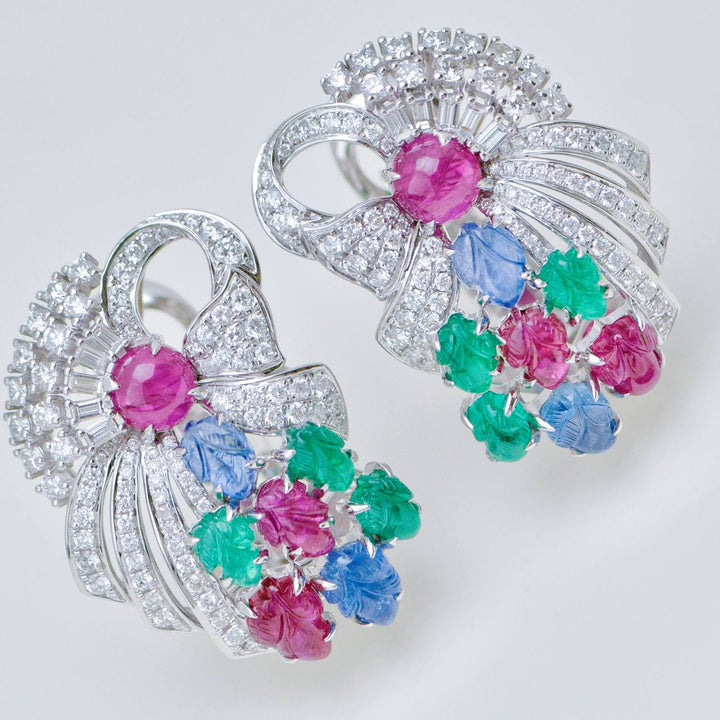 Tutti Frutti Ruby, Emerald & Sapphire Carved Gemstone Diamond Clip Earrings in White Gold