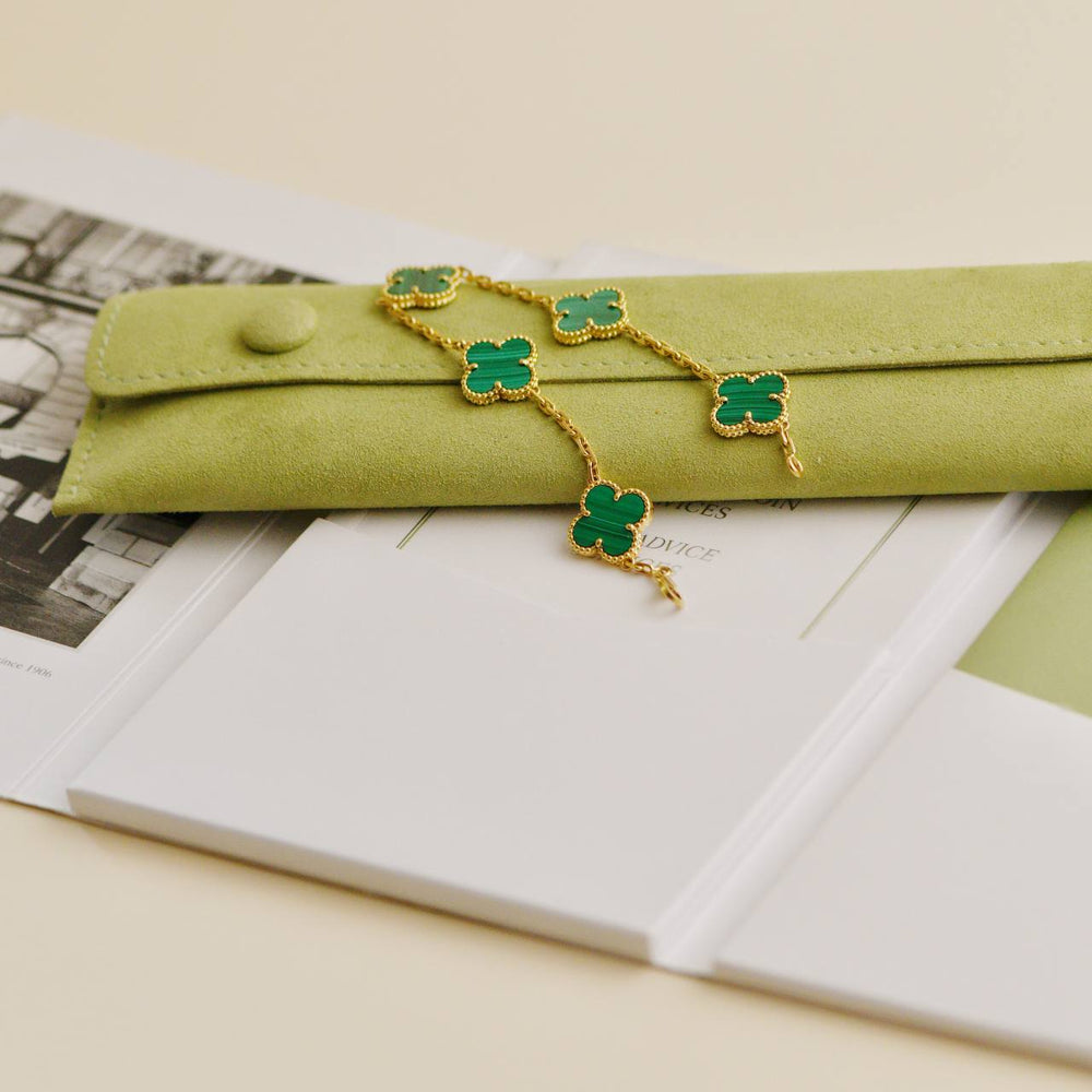 Preowned Authentic Van Cleef & Arpels Vintage Alhambra 5 Motif Malachite Bracelet 18K Yellow Gold