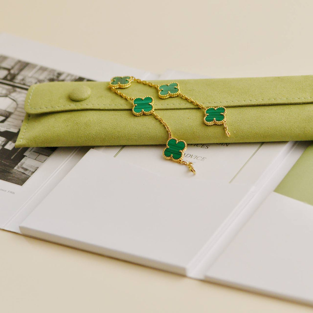 Preowned Authentic Van Cleef & Arpels Vintage Alhambra 5 Motif Malachite Bracelet 18K Yellow Gold