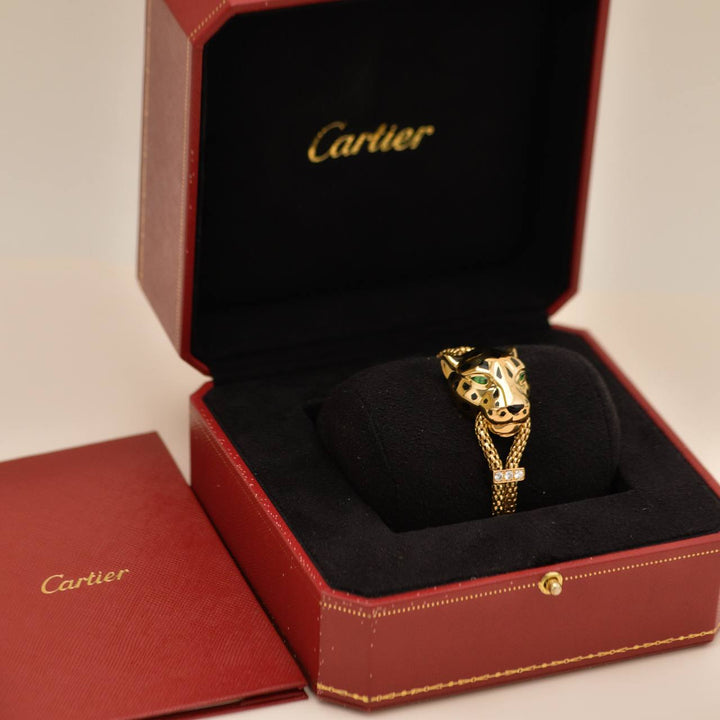 Preowned Authentic Cartier Panthère Bracelet with Lacquer and Tsavorite Garnets 18K Yellow Gold