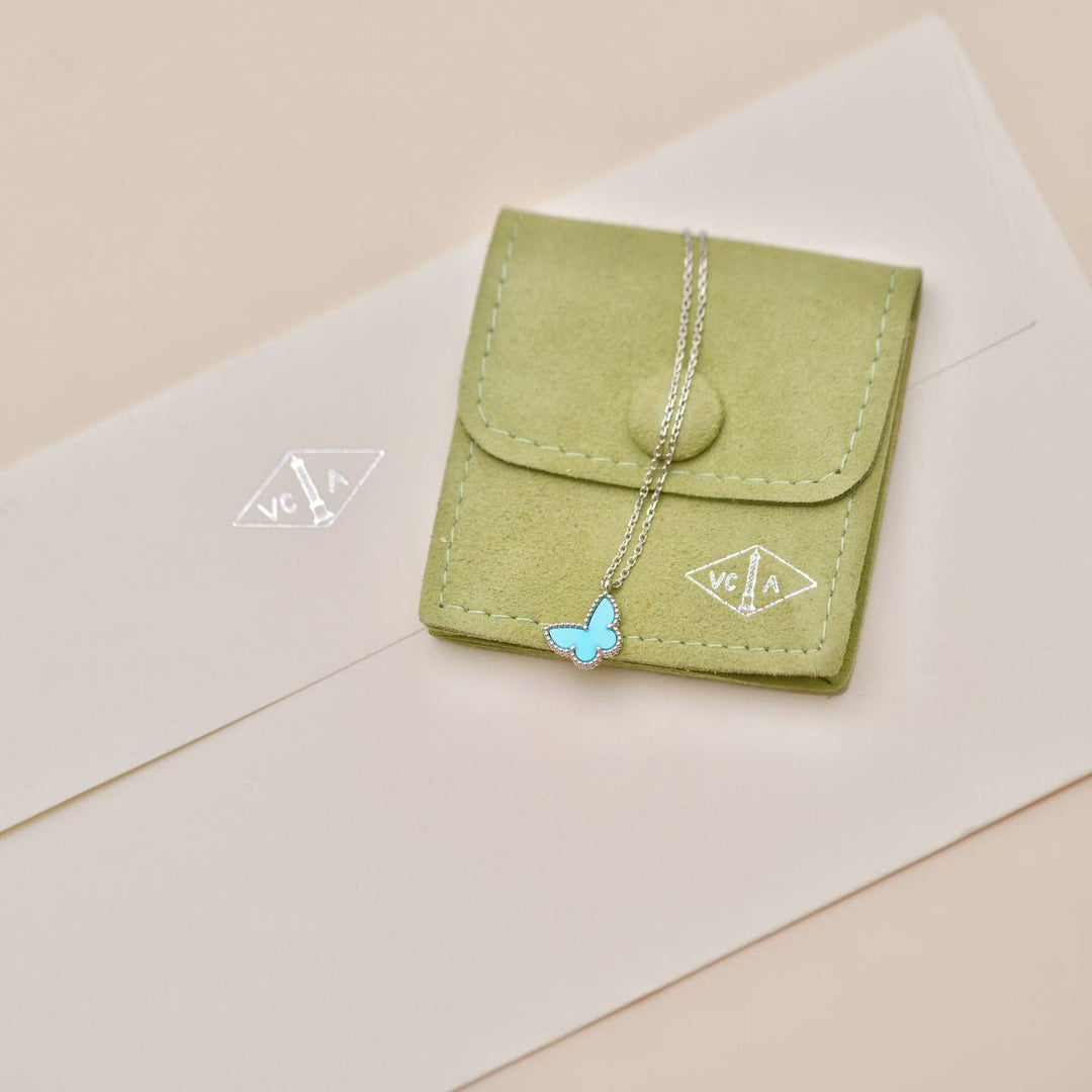 Preloved Authentic Van Cleef Sweet Alhambra Turquoise Butterfly 18K White Gold Necklace