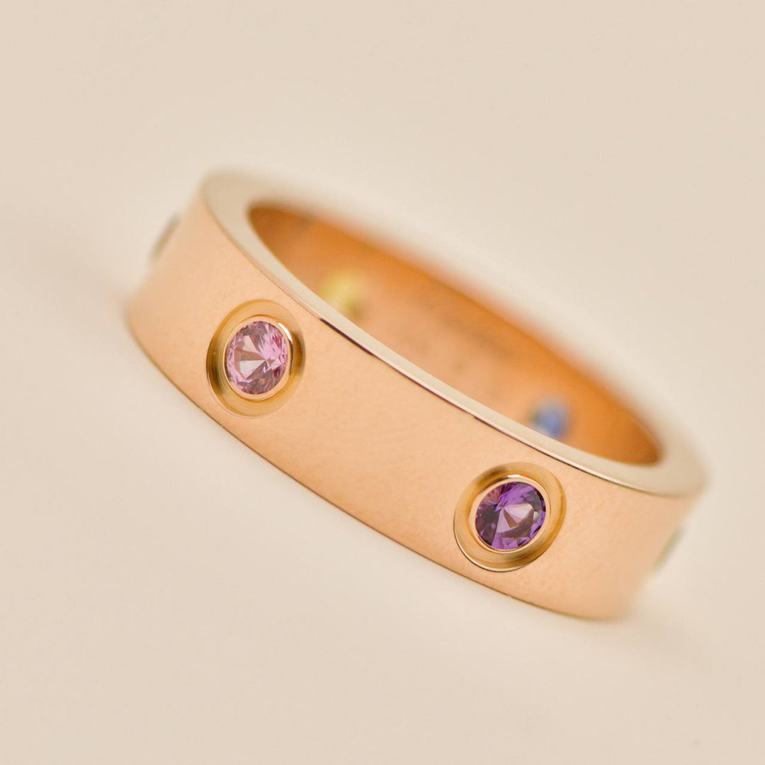 Cartier Love Rainbow Multi Gem 18K Rose Gold Ring Size 55