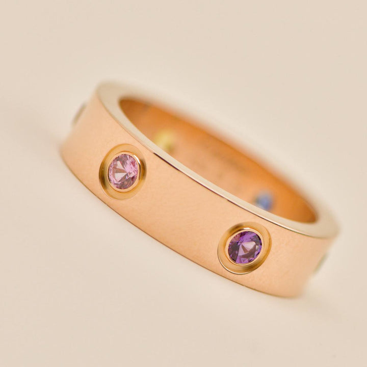 Cartier Love Rainbow Multi Gem 18K Rose Gold Ring Size 55