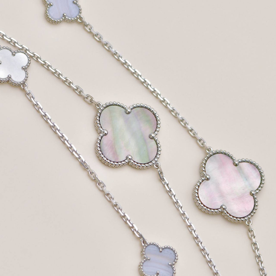 Used Authentic Full set Van Cleef Magic Alhambra 16 Motif Necklace in Chalcedony and Mother of Pearl