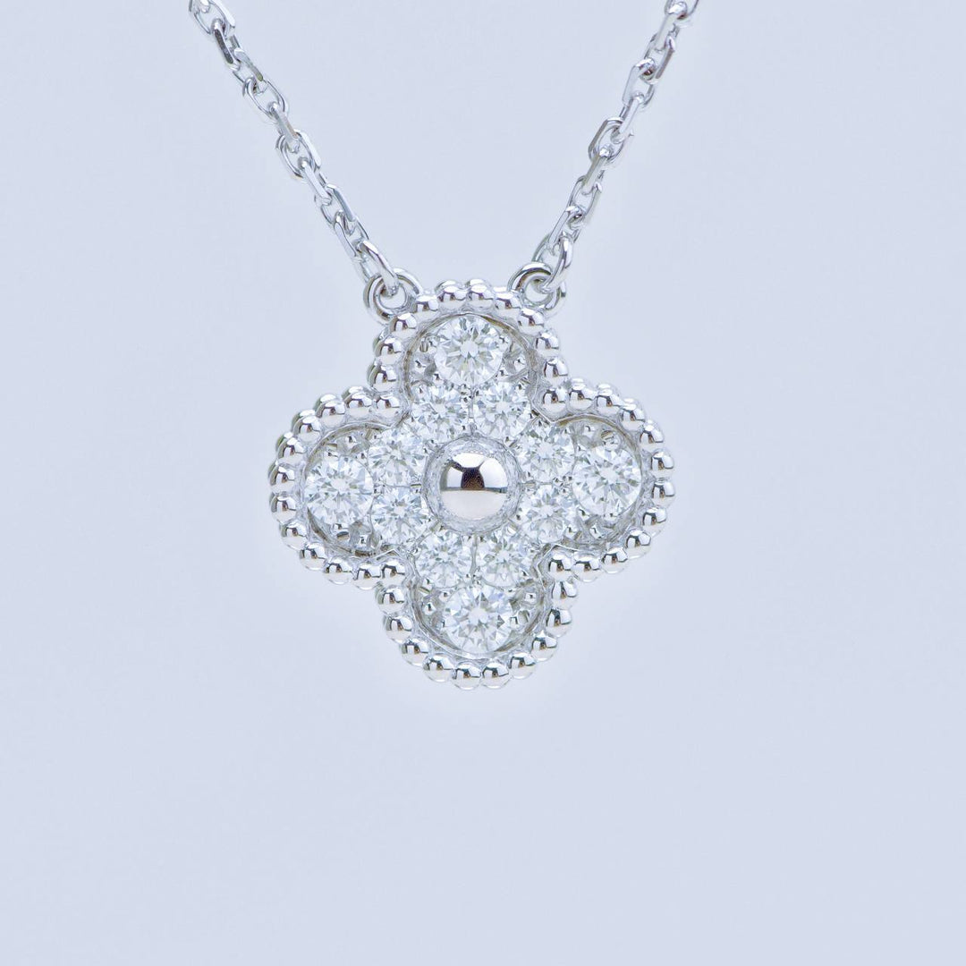 Preowned Authentic Van Cleef Vintage Alhambra Pavé Diamond Pendant 18K White Gold