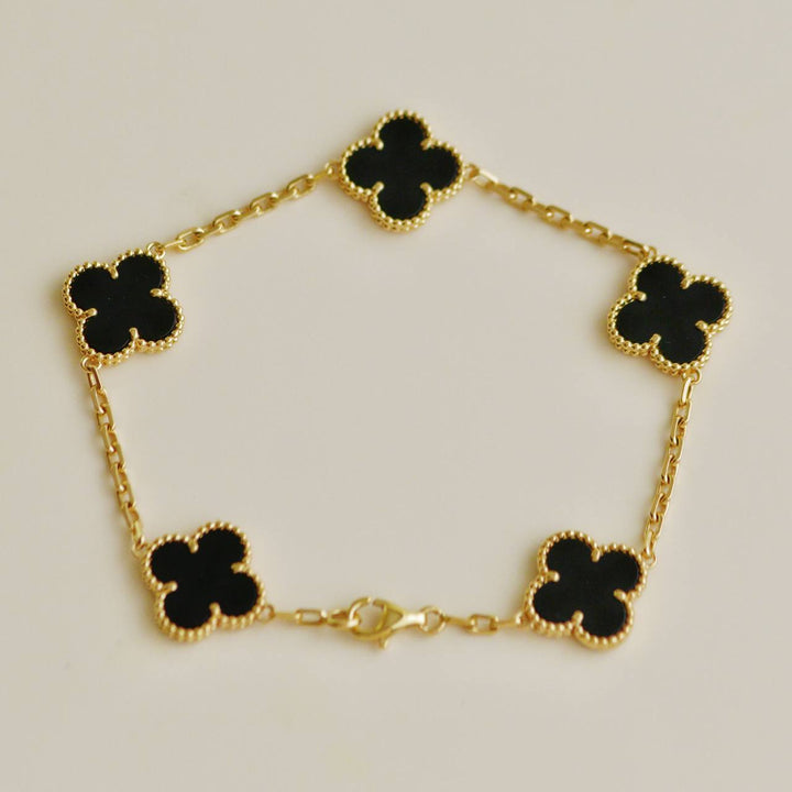 Used Authentic Van Cleef & Arpels Vintage Alhambra Onyx 5 Motif Bracelet 18K Yellow Gold