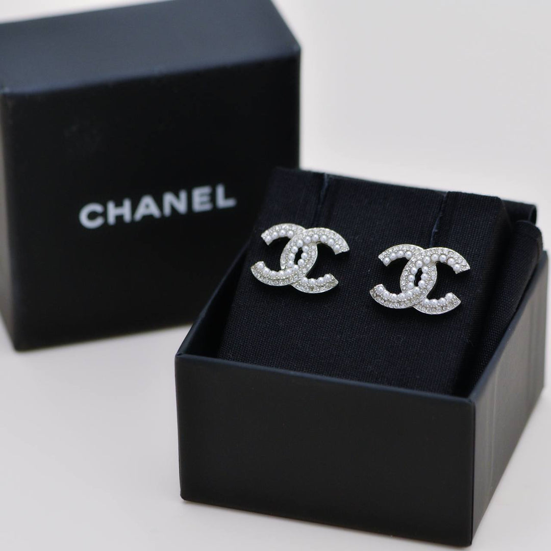 Preowned Authentic Chanel CC Faux Pearls Crystal Stud Earrings